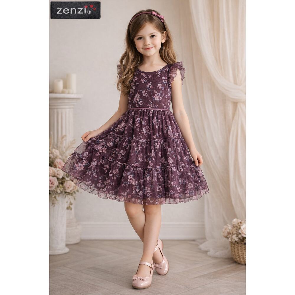 Zenzi Girls 7/8 Purple Floral Tulle Dress Tiered Ruffle Party Dance Easter Guest